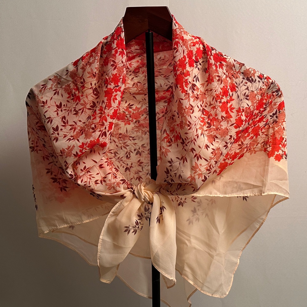 Sheer Floral Scarf in Light Peachy and Coral Red 40” square